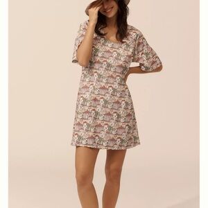 Cityscape Anthro Porridge Short-Sleeve Crew-Neck Linen Printed Mini Dress